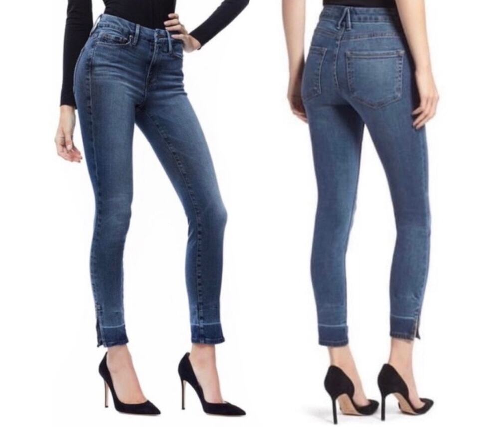 Good American Good Legs High Rise Split Hem Skinny Jeans Size 28 Medium Wash